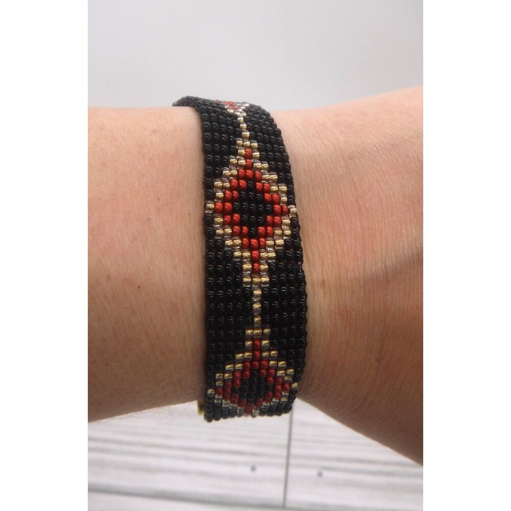 Loom Beaded Bracelet Black, Gold & Red